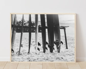 Black and White Surfboard Beach Print, Minimalist Coastal Decor (Instant Download)