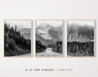 Black and White Nature Wall Art Set of 3, Forest & Mountain Prints, Iceland Parkway, Banff National Park, Rocky Mountains, Instant Download