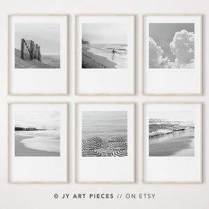 Black and White Beach Photography Prints: Coastal Wall Art (Set of 6) (Instant Download)