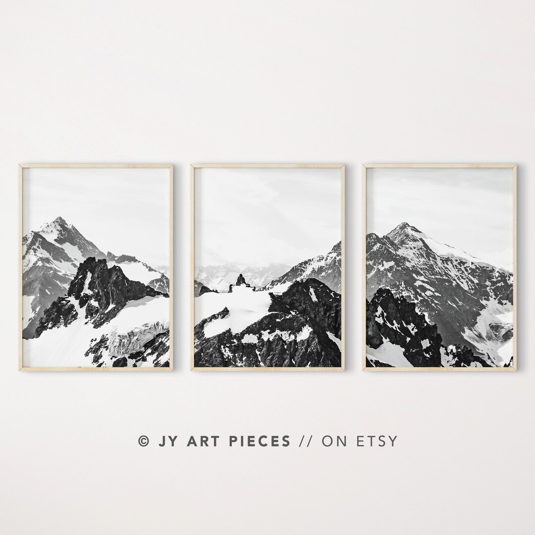 Black and White Mountain Prints, Set of 3, Mountain Wall Art ...