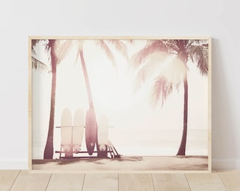 Sunset Beach Surfboard Print: Boho Palm Tree Wall Art (Digital Download)