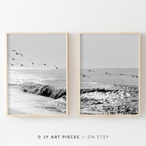 Black and White Beach Prints: Seagull Coastal Wall Art (Digital Download)