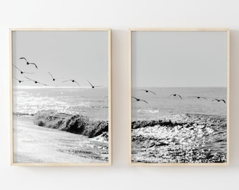 Black and White Beach Prints: Seagull Coastal Wall Art (Digital Download)