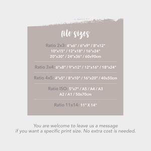 May include: A chart listing different file sizes for digital prints. The chart includes ratios such as 2x3, 3x4, 4x5, and 11x14. The sizes are listed in inches and centimeters. The text also includes the phrase "You are welcome to leave us a message if you want a specific print size. No extra cost is needed."