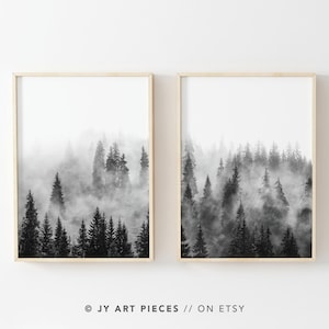 Schwarz weiß Wald Prints, nebliger Wald Prints, Wald Wandkunst, Natur Prints, nordische Landschaft Wandkunst, Norwegen Wandkunst, Instant Download