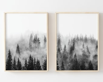 Black and White Misty Forest Print Set: Nordic Nature Wall Art (Digital Download)