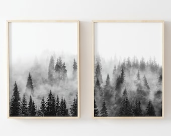 Black White Forest Print, Black White Nature Print, Set of 2, Foggy Forest, Misty Forest, Nature Print Set, Nordic Landscape