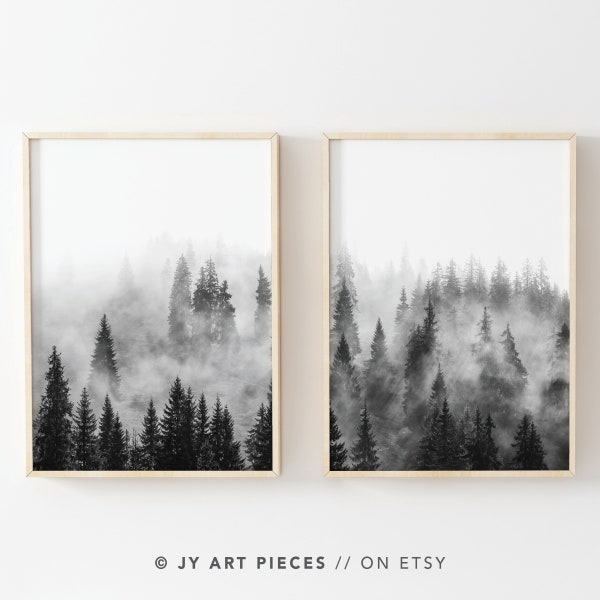 Black White Forest Print, Black White Nature Print, Set of 2, Foggy Forest, Misty Forest, Nature Print Set, Nordic Landscape