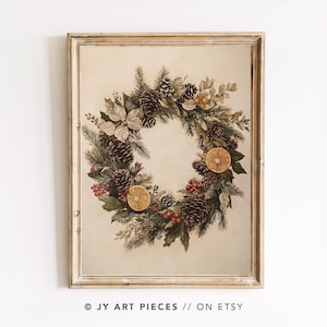 Christmas Wreath Wall Art, Holiday Oil Painting, Festive Christmas Print, Winter Decor, Instant Download
