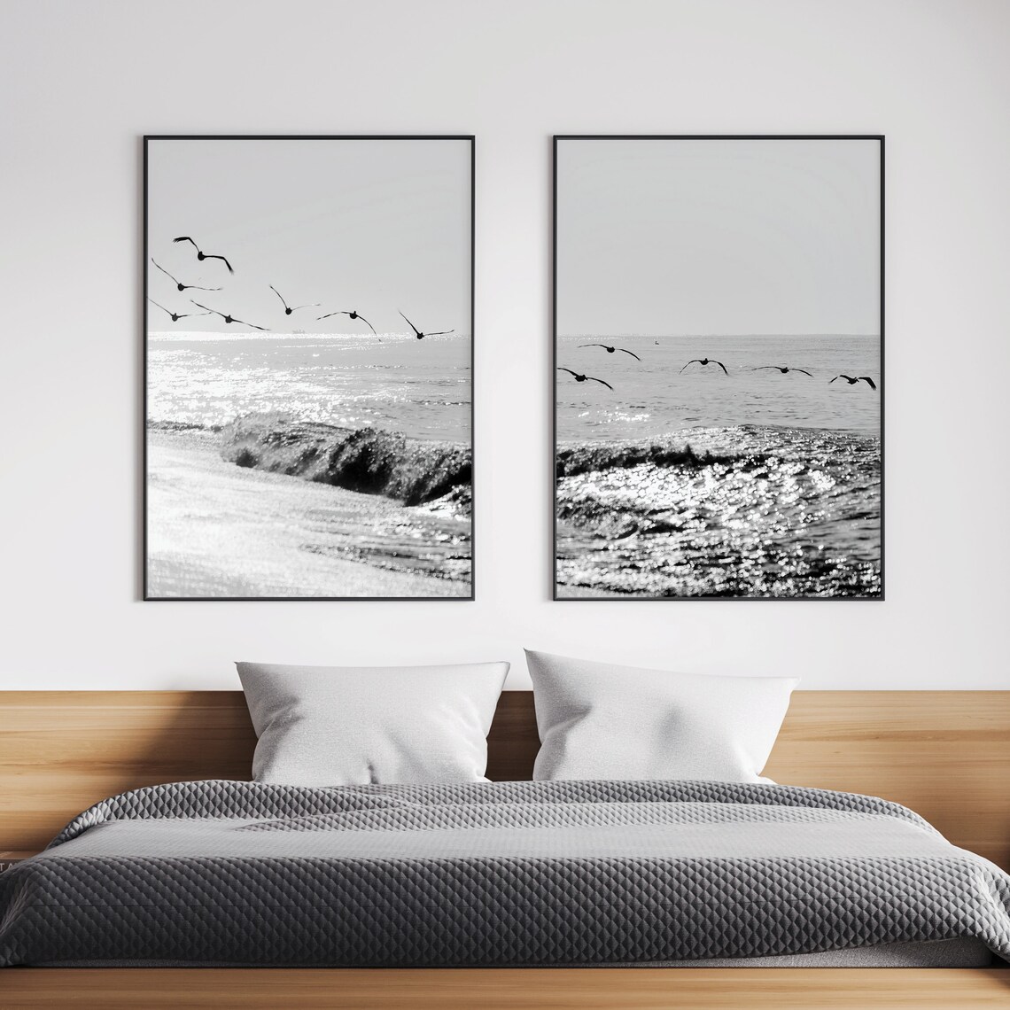 Black and White Beach Wall Art | Ocean Wave and Birds Coastal Prints ...