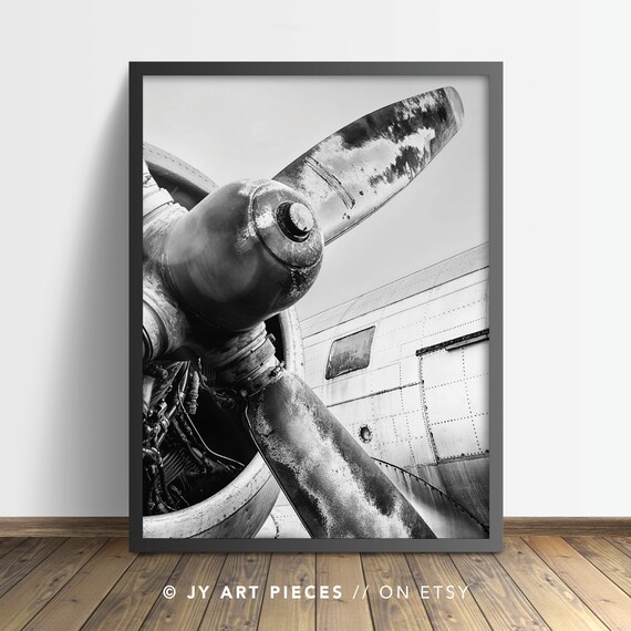 Airplane Prints, Black and White Propeller Plane Wall Art, Aviation Decor, Engine Poster, Instant Digital Download
