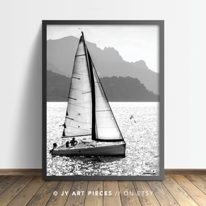 Black and White Sailboat Print, Nautical Wall Art, Ocean Sailing Poster, Minimalist Sea Decor, Instant Digital Download