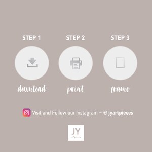 May include: Three steps to create a printable art piece: download, print, and frame. The image includes icons for each step and the text "Visit and Follow our Instagram ~ @jyartpieces".
