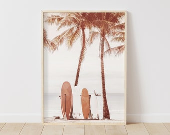 Retro Surf Print Wall Art, Beach Surfboard photo, Coastal Palm Tree Poster, Boho Sunset Beach Print, Printable Wall Art, Instant Download