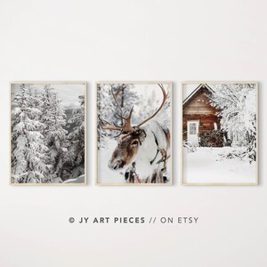 Winter Wall Art, Winter Prints, Set of 3 Reindeer Print, Forest Print, Snow Wall Art, Christmas Wall Decor, Nordic Print, Moose