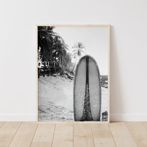 Black and White Surfboard Print, Beach Surf Wall Art, Monochrome Palm Tree & Coastal Decor, Instant Download