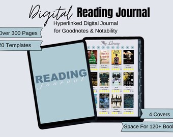 May include: A digital reading journal for Goodnotes and Notability. The journal has over 300 pages, 20 templates, 4 covers, and space for 120+ books. The journal is displayed on a tablet screen.