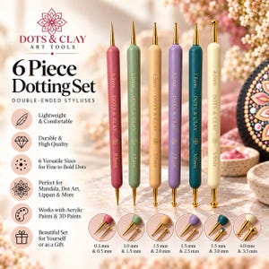 May include: A 6-piece dotting set of double-ended styluses by Dots & Clay Art Tools. The set includes six colorful tools with gold-toned metal tips in various sizes ranging from 0.3 mm to 4.0 mm, designed for creating dots with acrylic or 3D paints.