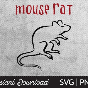 May include: Black and white silhouette of a mouse or rat, with the text "mouse rat" in red above the image.