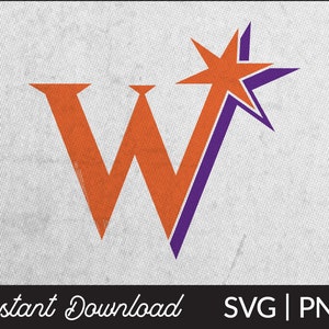 May include: A graphic design featuring a large orange letter "W" with a purple outline. A six-pointed orange star with a purple outline is positioned behind the letter "W".