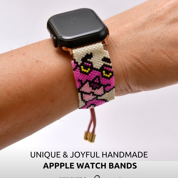 Accessoires Apple Watch en perles, Bracelets de montre perlés artisanaux pour femmes, Bracelets de montre joyeux, Bracelet de montre tendance fait main, Bracelets de montre roses dessin animé