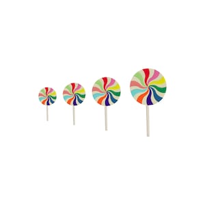 May include: Four colorful swirl lollipops of different sizes on white sticks against a white background.