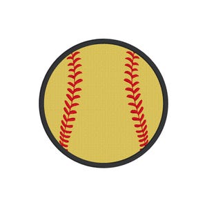 Puede incluir: Una pelota de softball amarilla con costuras rojas. La pelota de softball es redonda y tiene un contorno negro.