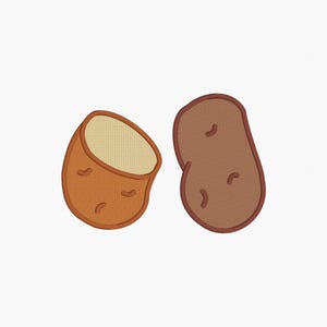 May include: Two embroidered potato designs. One is a whole potato in a brown color with a brown outline. The other is a potato cut in half, showing the inside and the brown outline.