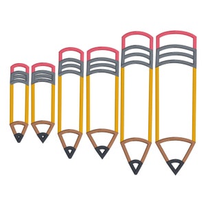 May include: Six yellow pencils of varying sizes with red and gray accents. The pencils are arranged in a row from smallest to largest.