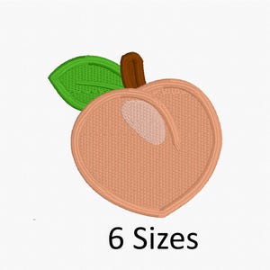 May include: Embroidered peach design with a green leaf and brown stem. The peach is peach-colored with a white highlight. The text "6 Sizes" is displayed below the peach.