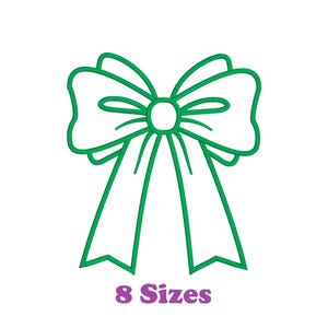 May include: A green outline of a bow with a centre loop. The text "8 Sizes" is below the bow.