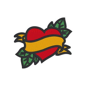 Könnte beinhalten: Ein rotes Herz mit einem gelben Banner und grünen Blättern. Das Herz ist schwarz umrandet und das Banner hat einen schwarzen Rand. Die Blätter sind ebenfalls schwarz umrandet.