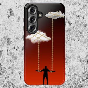 May include: Black phone case featuring a silhouette of a person with outstretched arms, suspended by gold chains from two white clouds. The background transitions from red to black.