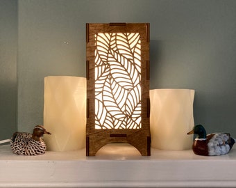 Leaf Pattern Wooden Lantern, Laser-cut Rustic Mantel Decor