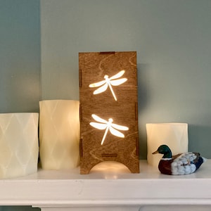 Wooden Dragonfly Lantern, Rustic Lamp, Mantel Decor