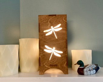 Wooden Dragonfly Lantern, Rustic Lamp, Mantel Decor