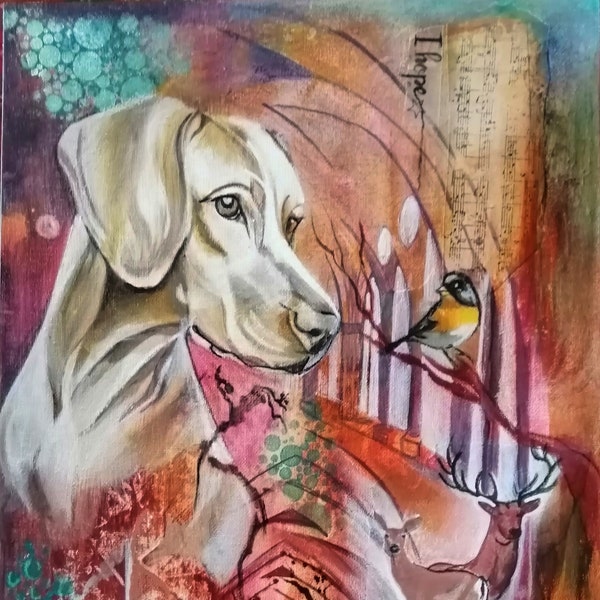 Peinture chien braque de Weimar cerf oiseau -techniques mixtes- couleurs magiques