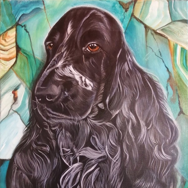 Portrait de VOTRE CHIEN dans le décor de votre choix, peint à la main par une artiste professionnelle, à la peinture acrylique sur toile.