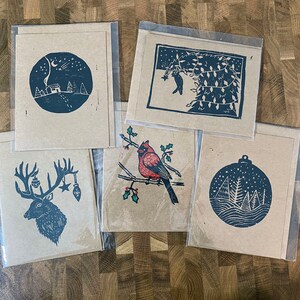 5er Pack Linoldruck Weihnachtskarte / Weihnachtskarte / Handgemachte Weihnachtskarte