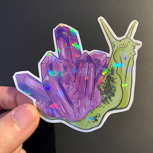 Adesivo holográfico de caracol de cristal ametista Cottagecore Witchy Astrologia Bruxa Verde