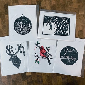 5er Pack Linoldruck Weihnachtskarte / Weihnachtskarte / Handgemachte Weihnachtskarte