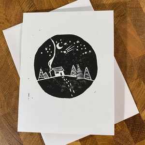 Snowy Night Linocut Christmas Card / Holiday Card / Handmade Holiday Card
