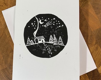 Carte de Noël linogravure de nuit enneigée/carte de vœux/carte de vœux faite main