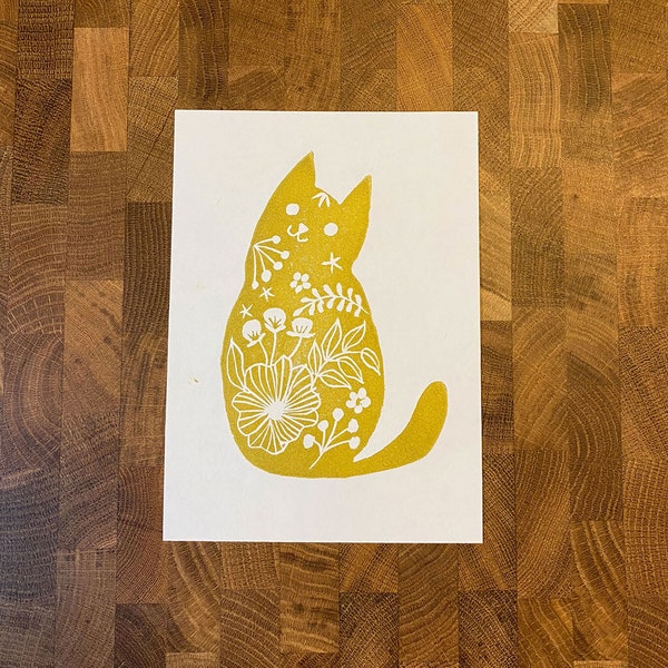 Golden Boi Cat Linocut Print / Linocut Art / Block Printing / Woodblock Art / Block printing Art / Black and White art / Nature art / Gold