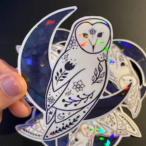 Mystique Midnight Owl Autocollant holographique Cottagecore Witchy Astrologie Sorcière Verte Art Populaire Floral