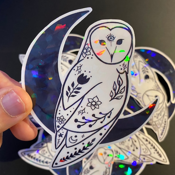 Mystical Midnight Owl Holographic Sticker Cottagecore Witchy Astrology Green Witch Floral Folk Art