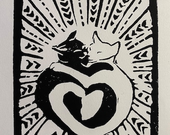 The Lovers Tarot Cat Linocut Print / Linocut Art / Block Printing / Woodblock Art / Block printing Art / Black and White art / Tarot