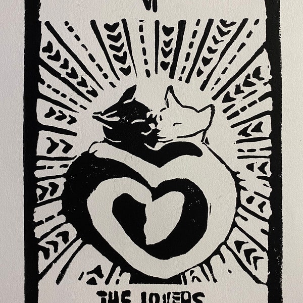 The Lovers Tarot Cat Linocut Print / Linocut Art / Block Printing / Woodblock Art / Block printing Art / Black and White art / Tarot