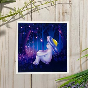 May include: A digital illustration of a small, blue, humanoid figure with a mushroom cap sitting in a dark forest with glowing fireflies. The figure is sitting with its legs crossed and its arms wrapped around itself. The forest is dark and mysterious, with tall trees and a dense undergrowth.