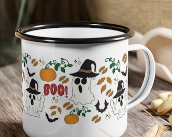 Spooky Cute Halloween 12oz Enamel Camp Cup, Fall Coffee Mug, Autumn Enamel Cup, Iced Coffee Glass, Fall Cup, Ghost Mug, Autumn Camp Mugs